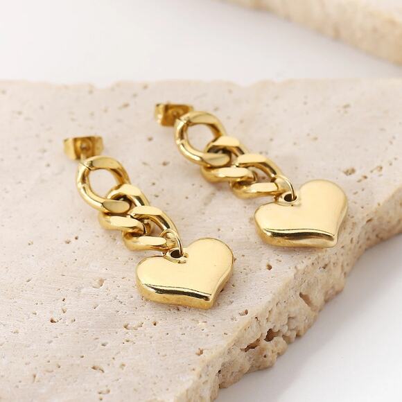 Drop Chain Heart Earrings‎ 18K Gold Plated Stainless Steel - Picture 1 of 12